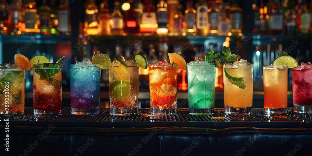 Colorful cocktails in glasses lined up on the counter of the bar, colorful cocktails with fruits and mint leaves on dark wooden hotel bar, colorful drinks on restaurant bar