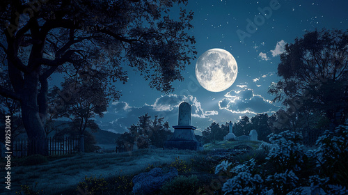 Tomb stone with moon natural light on cimetery