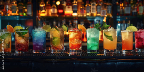 Colorful cocktails in glasses lined up on the counter of the bar  colorful cocktails with fruits and mint leaves on dark wooden hotel bar  colorful drinks on restaurant bar