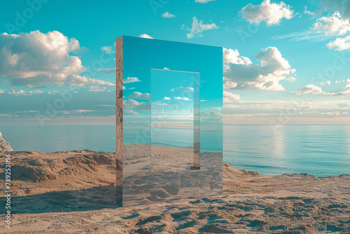 A scene showing a mirrored door on a sandy beach that reflects the ocean and sky, blending seamlessl photo