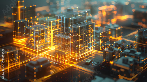 A creative digital representation of a residential block formed from connected. luminous data waves and schematics