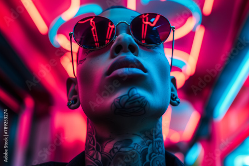 Night street portrait of a tattooed person with neon lights Generative AI image