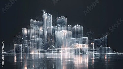 A creative digital representation of a residential block formed from connected. luminous data waves and schematics
