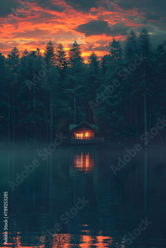 Digital Art of a Sunset View with A Rustic Cabin Amidst Enchanting Forest-Tinged with the Glow of Twilight
