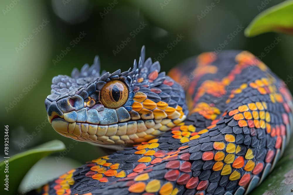Fototapeta premium A vibrant snake adorned with a feathered crest running down its back, blending into the colorful rai