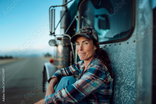Smiling female trucker resting on her vehicle. Generative AI image