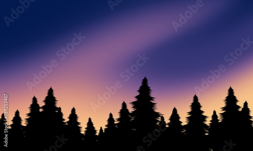 Pine forest silhouette and sunset sky, camping, Wooded Pine Tree Layered Background, evening sky and pine silhouette 