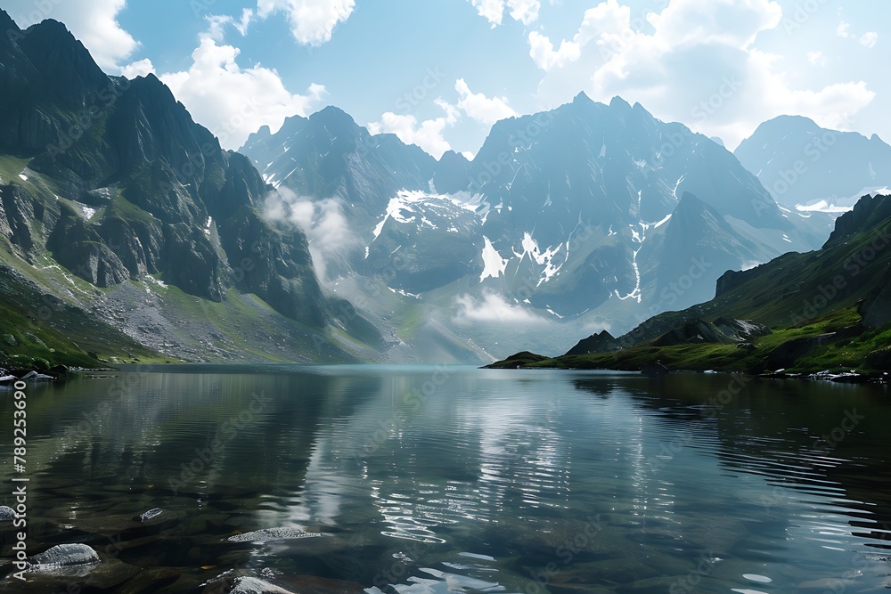 : A quiet, serene lake nestled in a secluded valley, surrounded by towering peaks