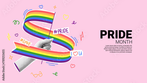 Concept collage for Pride Month events. Vector banner with halftone hand holding rainbow flag. Collage with cut out paper elements, halftone hand and doodles for decoration of LGBT events. © Yaran