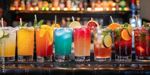 Colorful cocktails in glasses on the bar counter with a bartender at work  alcoholic drinks bar 