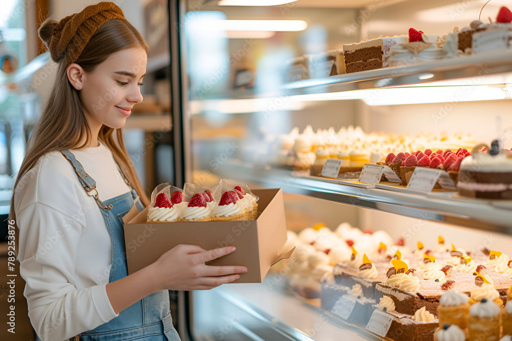 Cute young woman, seller in sweets shop, confectionery. Holding box of delicious pancakes, cake in his hands. Advertising for cafes, bakeries Generative AI