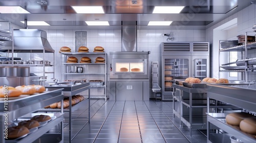 Commercial, professional bakery kitchen and stainless steel convection, bread bun in deck oven, freezer, refrigerator, kneading machine, table, cabinet and ingredient for baking business background 3D