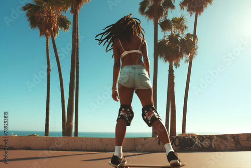 Young woman with dreadlocks and shorts skateboards along  embankment. Teen girl doing sports in summer among palm trees. Generate AI photo