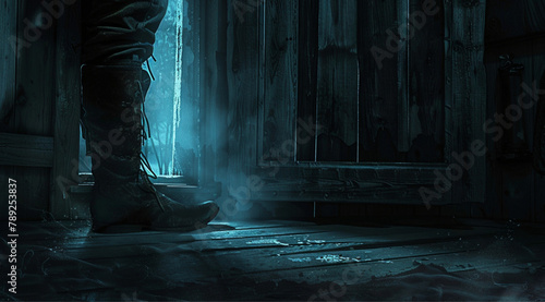a dark old wooden building at night,of the frame a rustic door is slightly ajar letting in a shaft of pale silvery blue light, a person is sneaking out of the door, only a single foot wearing a worn  photo