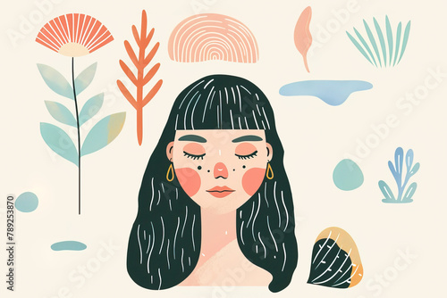 Minimalist Illustration of a Girl with Nature Motifs. Generative AI image