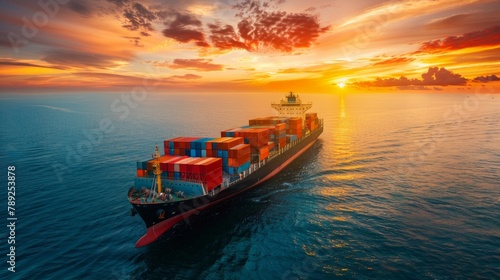 Container cargo ship in the ocean at sunset blue sky background with copy space, Nautical vessel and sea freight shipping, International global business logistics transportation import export concept