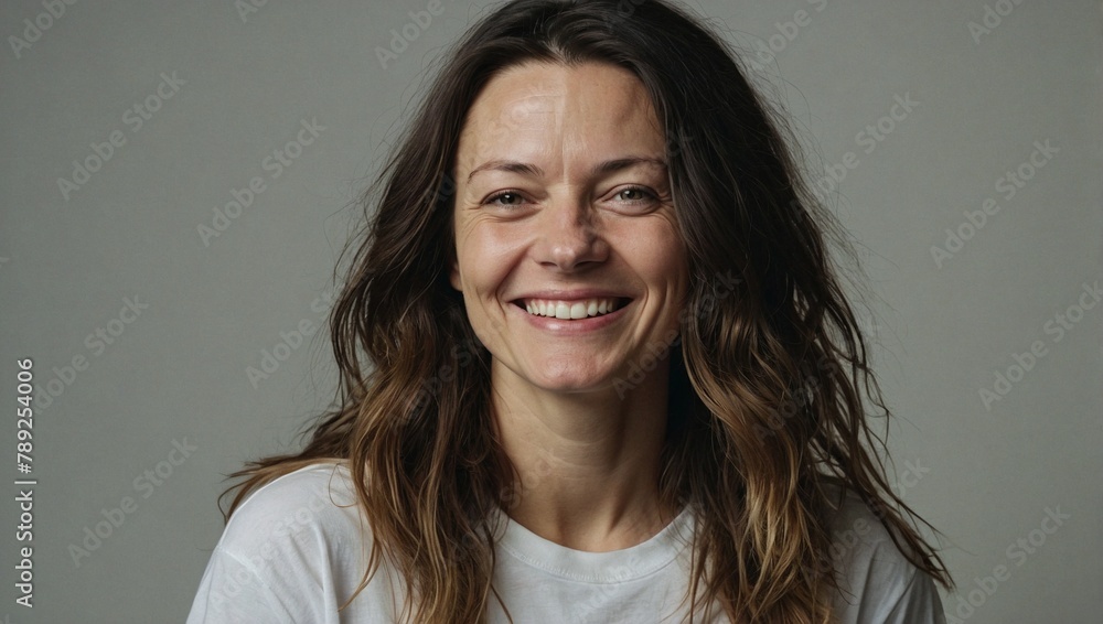 Studio shot of a cheerful white woman with long hair, no makeup, wearing plain white t-shirt Studio shot of a cheerful white woman with long hair, no makeup, wearing plain white t-shirt