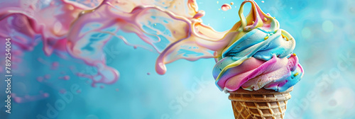 Colorful ice cream cone with colorful swirls melting on blue background