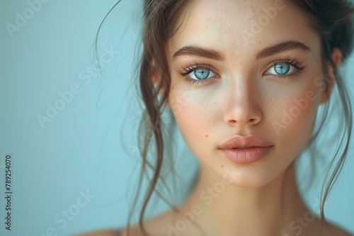 Young and  attractive woman s portrait with flawlessly smooth skin  separated against a blue  backdrop and text space  Generative AI.
