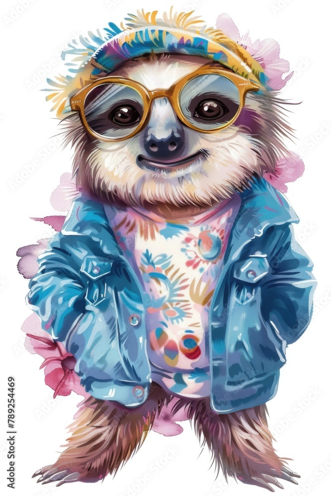 Fototapeta premium Charming sloth character dressed in a floral jacket and cool shades