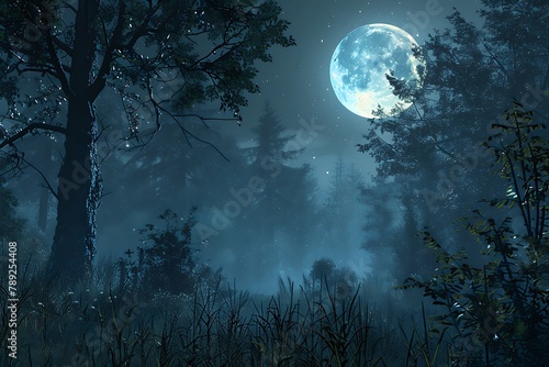 : A quiet, peaceful scene of a forest at night, with a bright moon illuminating the treetops © Ghulam