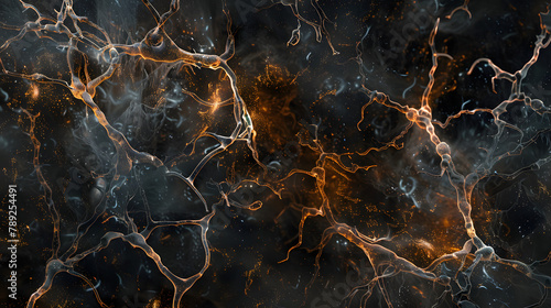 A detailed illustration of neurons or cell structures in the brain. highlighting their complex connections and energy flow paths. The background is dark to highlight these intricate patterns 