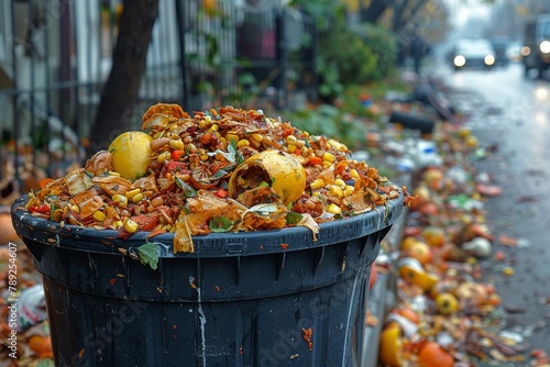 Food waste piles up in an outdoor bin on a gloomy, wet day, reflecting urban consumption and discard patterns photo