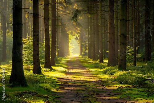 : A quiet forest path, with dappled sunlight filtering through the trees
