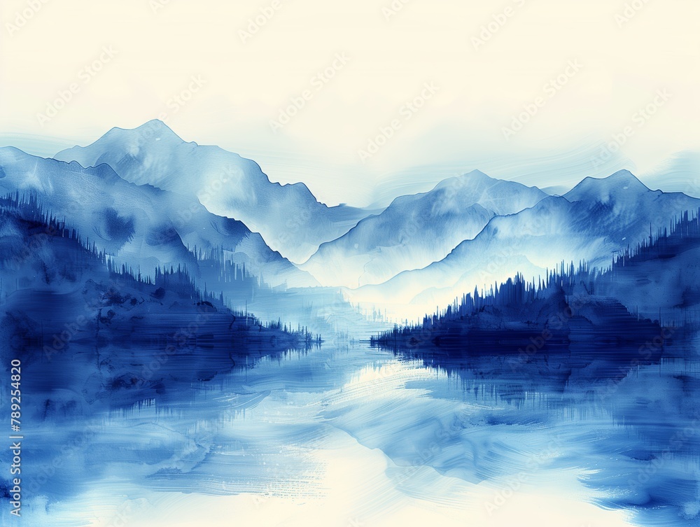 Ink painting landscape in blue and white colors Ink painting landscape in blue and white colors