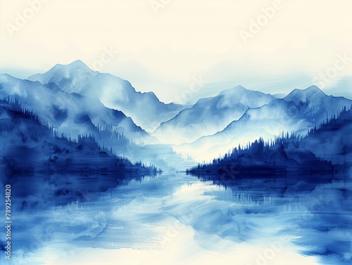 Ink painting landscape in blue and white colors