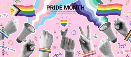 Bright collage for Pride Month events. Vector banner with halftone hands, loudspeaker and rainbow flags. Collage with rainbow heart, cut out paper elements and doodles for decoration of LGBT events.