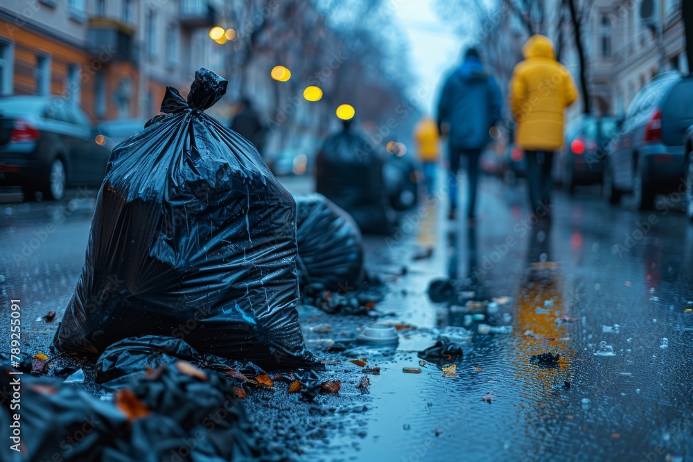A somber rainy day urban scene featuring black trash bags piled on the city street with blurred passersby A somber rainy day urban scene featuring black trash bags piled on the city street with blurred passersby