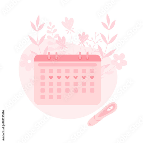Menstrual Period calendar with floral background and test. Planning pregnancy.  Menstruation woman cycle control
