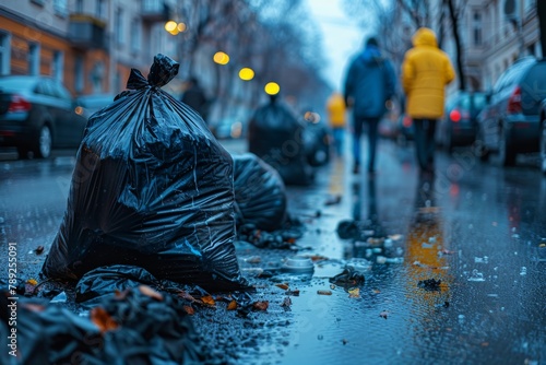 A somber rainy day urban scene featuring black trash bags piled on the city street with blurred passersby