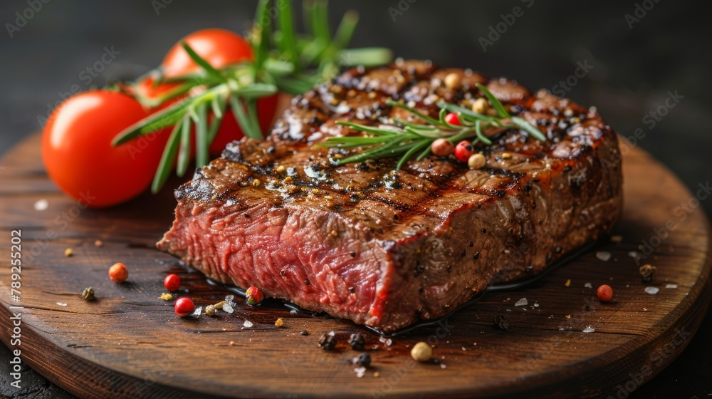 Plate with delicious grilled steak on table, closeup. Space for text Plate with delicious grilled steak on table, closeup. Space for text