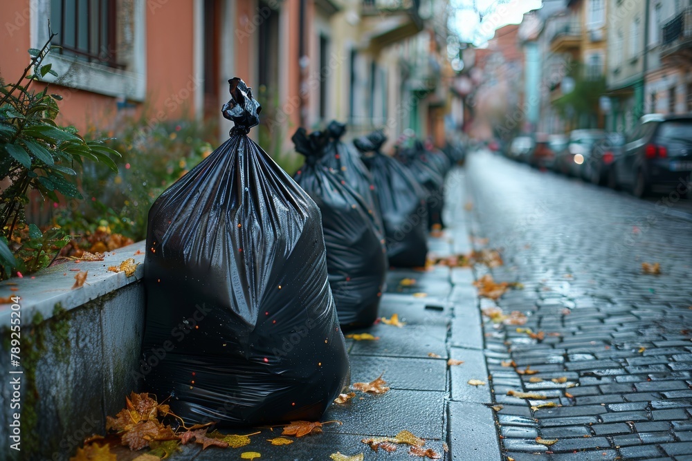 Neatly organized black garbage bags by the curb amidst fallen leaves on an autumn day in a residential area Neatly organized black garbage bags by the curb amidst fallen leaves on an autumn day in a residential area