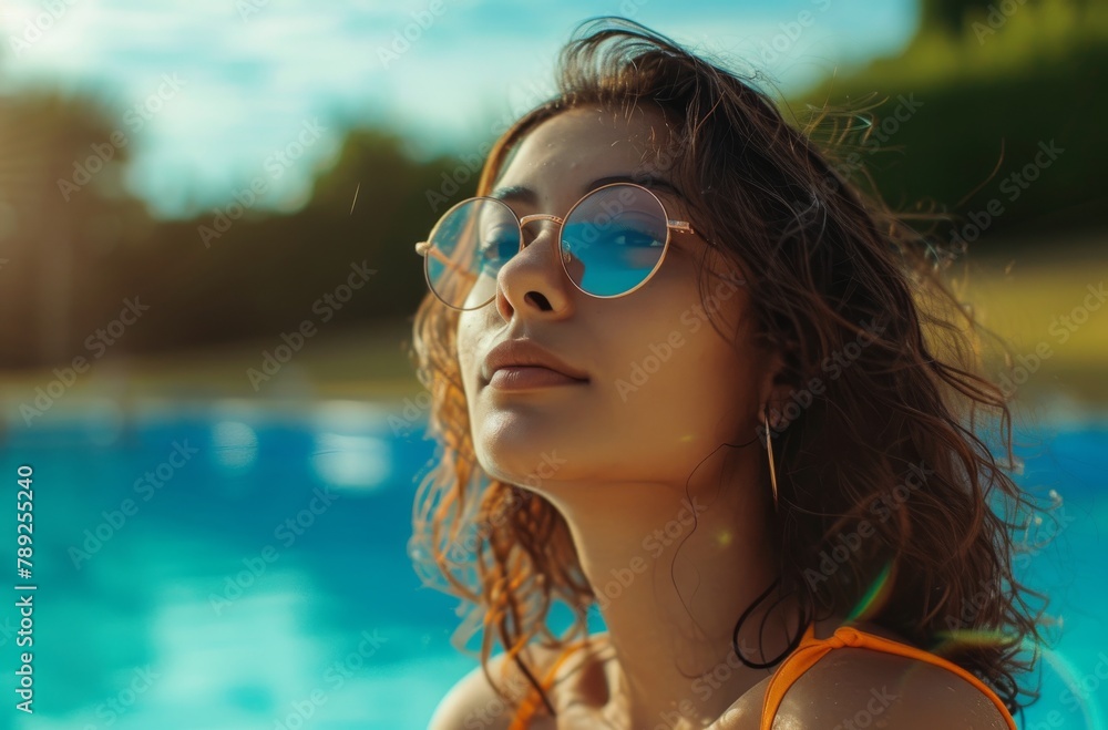 A candid image of a woman in an orange swimsuit relaxing by the clear blue pool water during a bright sunny day A candid image of a woman in an orange swimsuit relaxing by the clear blue pool water during a bright sunny day
