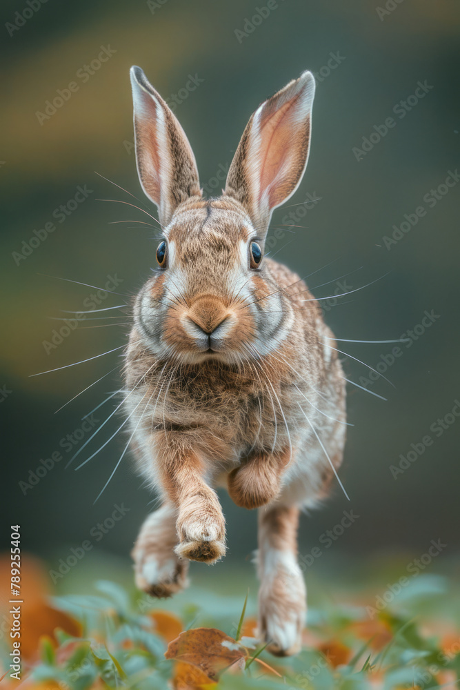 Fototapeta premium An image showing a rabbit with long, antelope-like horns, hopping gracefully across a meadow.