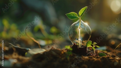 Environmental protection, renewable, sustainable energy sources. Plant growing in the bulb concept