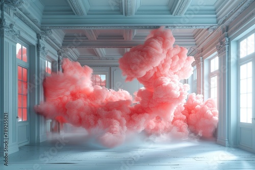 Dynamic burst of a pink cloud within a serene classical blue room, provoking thought and emotion