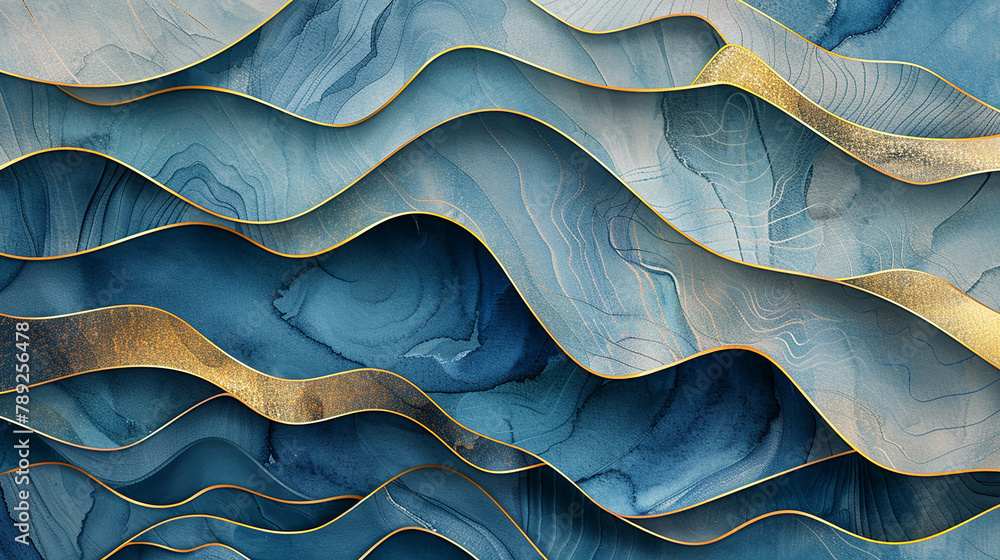 Visual art interpretation: image of a luxury abstract pattern made from layers of blue and gold watercolor, resembling soft waves. portrayed with creativity. Visual art interpretation: image of a luxury abstract pattern made from layers of blue and gold watercolor, resembling soft waves. portrayed with creativity.