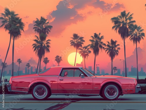 A vintage-inspired illustration of retro car with pastel colors, reminiscent of classic summer experiences © ARTenyo