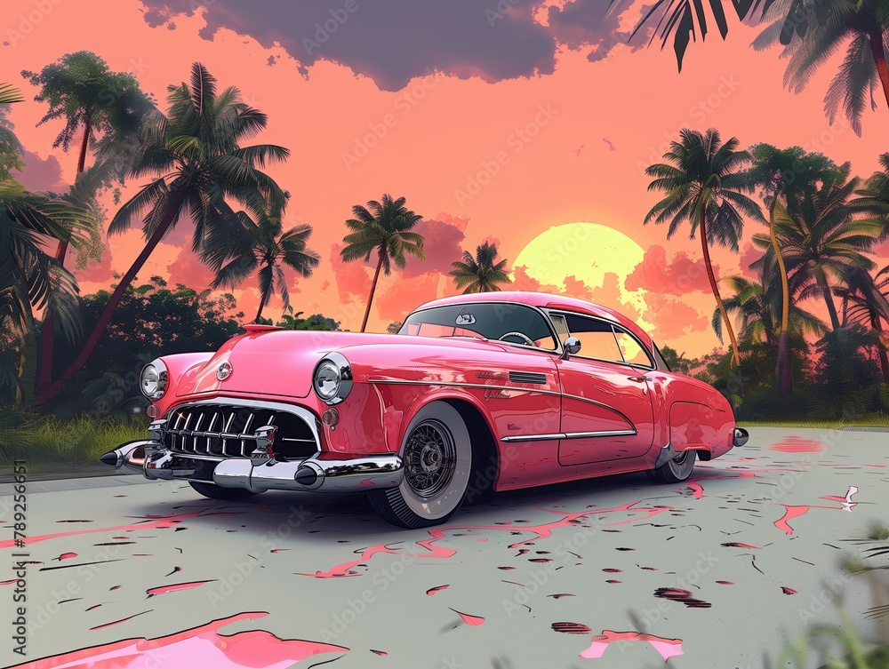 A vintage-inspired illustration of retro car with pastel colors, reminiscent of classic summer experiences