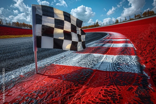 A checkered flag waving at a track's corner symbolizing victory and the end of a racing event against a vibrant red track photo