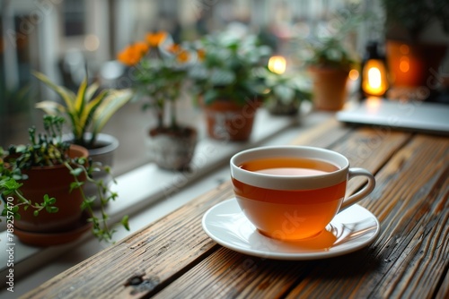 A soothing cup of tea on a wooden windowsill, providing a feeling of warmth and coziness during a relaxed afternoon