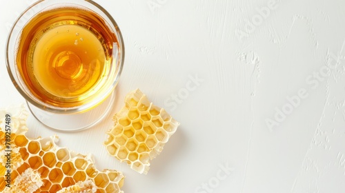 mead day background concept, glass of mead with honeycomb. isolated on white background