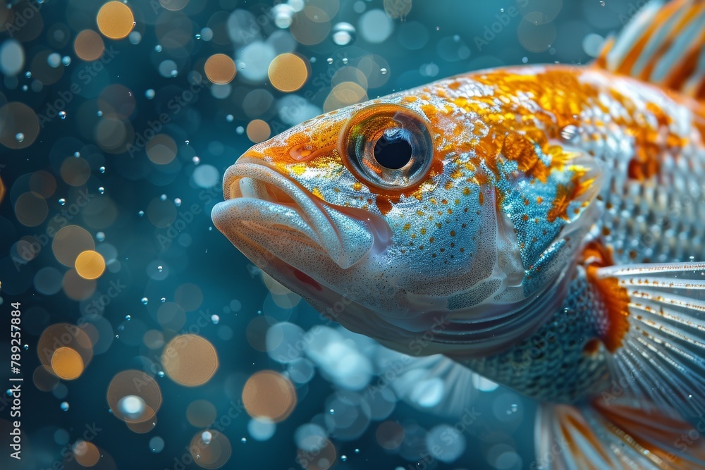 This close-up image captures an orange fish with intricate details and a contrasting blue background, expressing marine life vividly