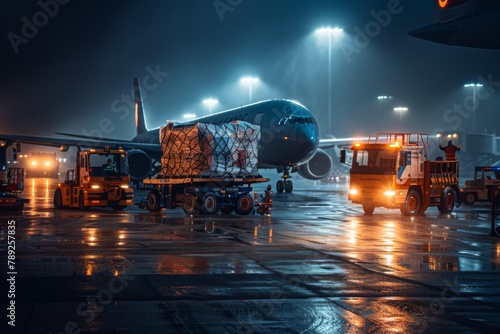 Night Scene at Busy Airport Cargo Area

