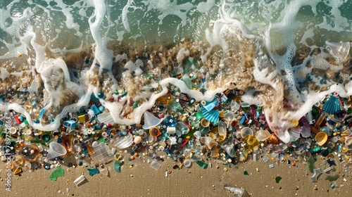 Background with microplastic particles floating in ocean or sea water. Environmental plastic pollution problem of rubbish and trash photo