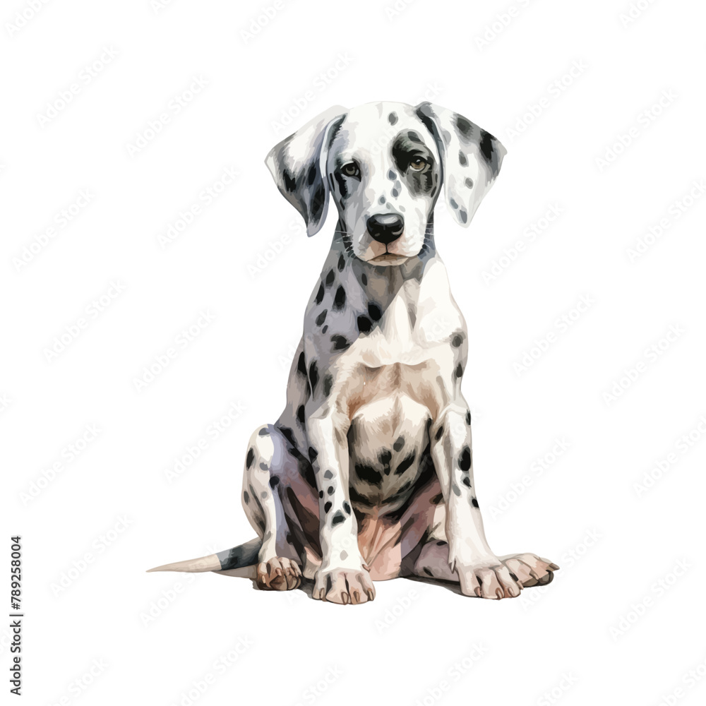 Watercolor Portrait of a Seated Dalmatian Puppy. Vector illustration design.